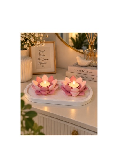 Pembe Lotus Çiçeği 2 Li Dekoratif Tealight Mumluk Seti Pembe