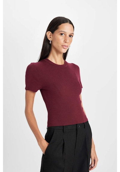 Defacto Crop Bisiklet Yaka Basic Düz Fitilli Kısa Kollu Triko Kazak C5638AX24AUBR34 Bordo