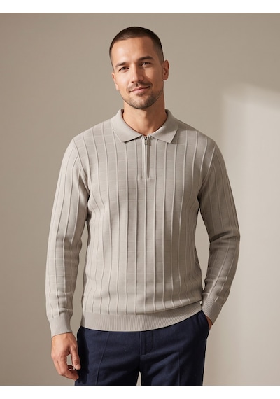 Maccali Erkek Gri Fitil Detaylı Fermuarlı Polo Yaka Triko Sweatshirt