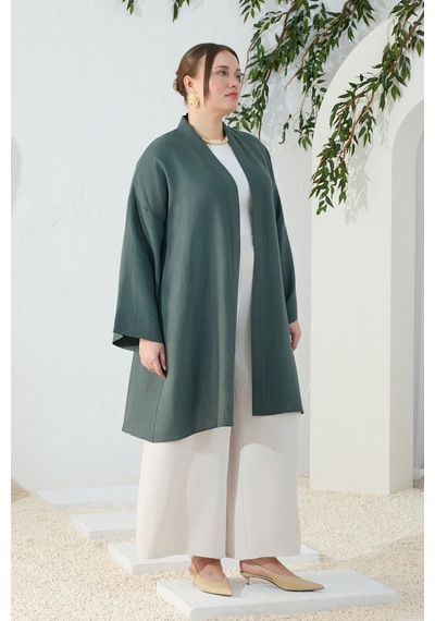 Aker Zümrüt Dökümlü Keten Kimono Zümrüt Zümrüt