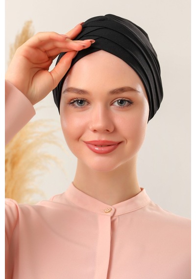 Melodi Scarf Kadın Üç Bantlı Çapraz Hazır Türban Dış Bone Siyah Taş