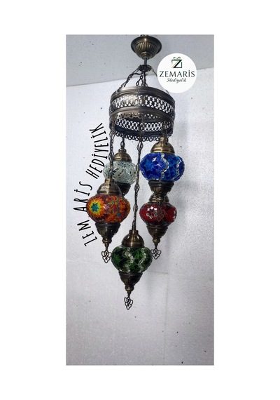 El Yapımı Otantik Mozaik 5 Li Avize Tavan Lambası Dekoratif Çok Renkli - 786500254 Çok Renkli