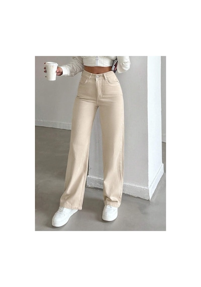 Kene Jeans Yüksek Belbej Keten Bol Paça Tam Kalıp Pantolon Bej
