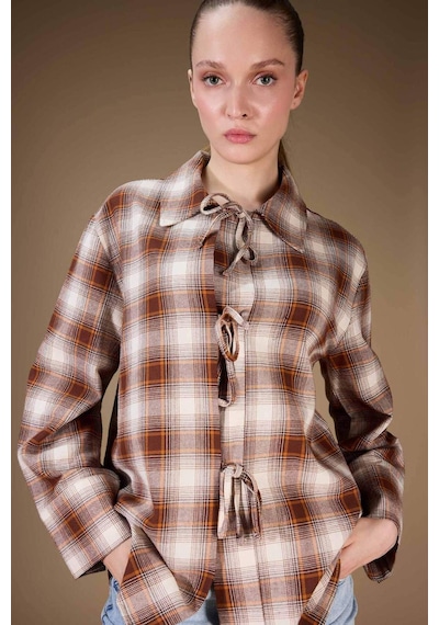 Defacto Regular Fit Dama Desenli Flanel Önden Bağlamalı Uzun Kollu Tunik G1382ax25wnbn341 Kahve-bn341