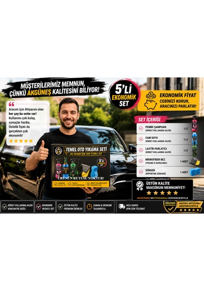 Akgüneş Motogaraj Temel Oto Yıkama Seti 5'li 1 Lt Kullanıma Hazır Pembe Araç Şampuanı + 1 Lt Cam Suyu + 1 Lt Lastik Parlatıcı + Mikrofiber Bez + Sünger Yerli Üretim Ekonomik Araç Bakım Seti