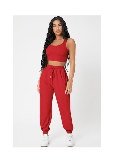 Fantezia Night Kadın Siyah Kaşkorse Cepli Jogger Eşofman Altı Ve Crop Top Bluz Kırmızı