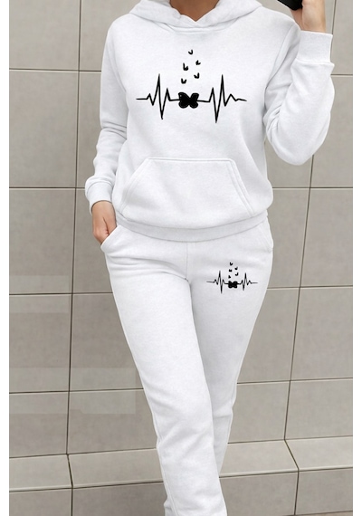 Heart Rhytym Love Baskılı Kapüşonlu Sweatshirt Ve Eşofman Altı Eşofman Takımı Beyaz
