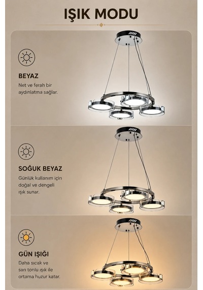 4'lü Modern Premium 3 Renkli Ledli Sarkıt Avizesi Platin Salon Mutfak Oturma Odası Modelleri 114w Siyah
