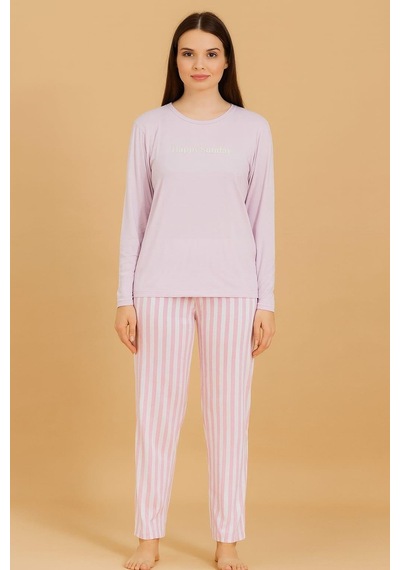 Pemilo Kadın 20299 Uzun Kol % 100 Pamuk Milan Pijama Takımı Pembe Pembe