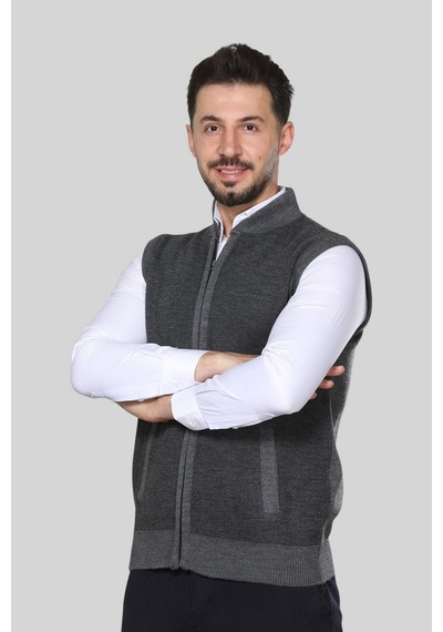 Kzc Tekstil Erkek Orta Yaş Ve Üzeri Triko Örgü Akrilik Kışlık Kalın Dokulu Fermuarlı Baba Yelek Gri