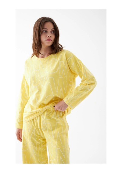 İkikareshop Kadın Oversize Sarı Desenli Pamuklu Kalın Pijama Takımı Çok Renkli