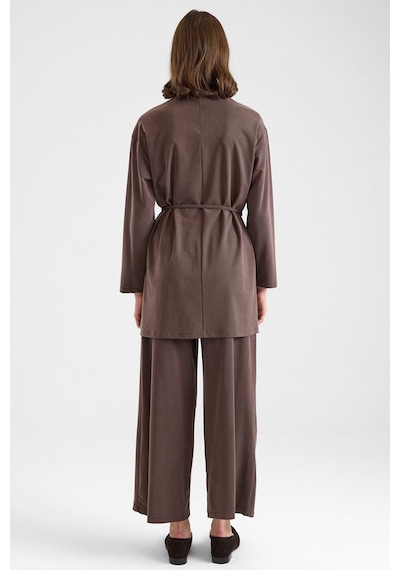 Olcay Şal Aksesuarlı Premium Kumaş Tunik Pantolon Kahve 9470-tk