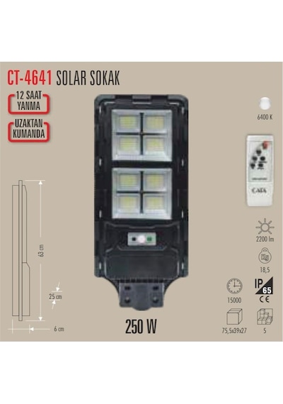Cata 250w Ct-4641 Solar Sokak Armatürü Kumandalı