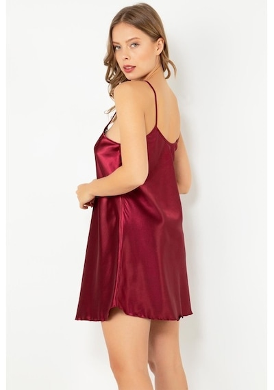 D' Kit Boutique Ince Askılı Güpürlü Mini Saten Gecelik