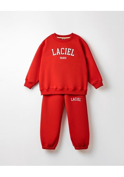 Çocuk Slogan Desenli Pamuklu Sweatshirt Eşofman Tayt Alt-üst Takım Kırmızı