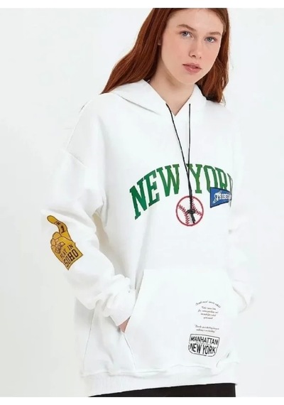 Baskılı Kapüşonlu Sweatshirt - Beyaz