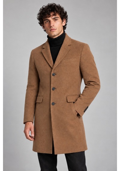 Maison Rae Erkek Vizon, Slim Fit Kaşe Kaban Klasik Yaka 3 Düğmeli Uzun Kesim Kışlık Palto