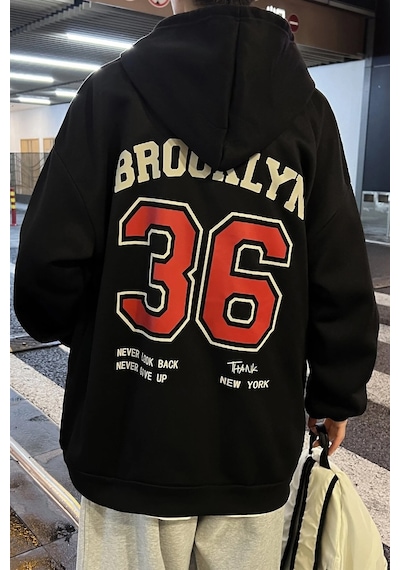Erkek 36 Brooklyn Baskılı Oversize Sweatshirt Siyah