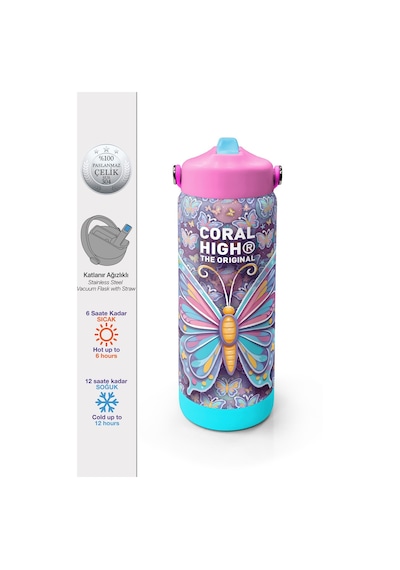 Coral High Pastel Renkli Kelebek Desenli Katlanır Ağızlıklı Çelik Termos 650 Ml 38306 Pastel