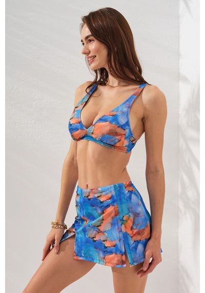 Pierre Cardin 3'lü Mavi Fra Batik Desenli Mini Yırtmaçlı Etek Bikini Takımı Üçgen Askılı Pedli Toparlayıcı Pierre Cardin 3'lü Mavi Fra Batik Desenli Mini Yırtmaçlı Etek Bikini Takımı Üçgen Askılı Pedli Toparlayıcı