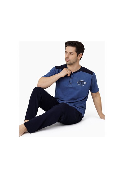 Gk Luxury & Fashıon Sude Erkek Pijama Takımı Kısa Kollu Alt Uzun - A300-05 Ve A301-1173-1 %100 Koton Mavi