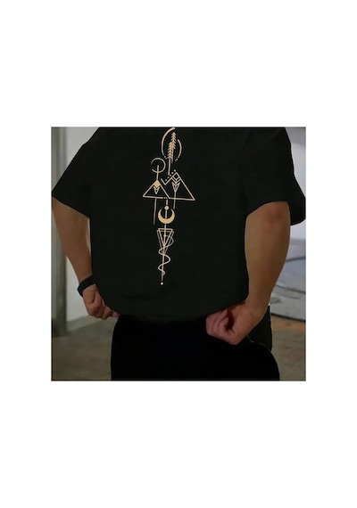 Caddemia Yaz  Moda Rahat Gevşek Geometrik Desen Baskılı Yuvarlak Boyun Kısa Koll Siyah 2XL
