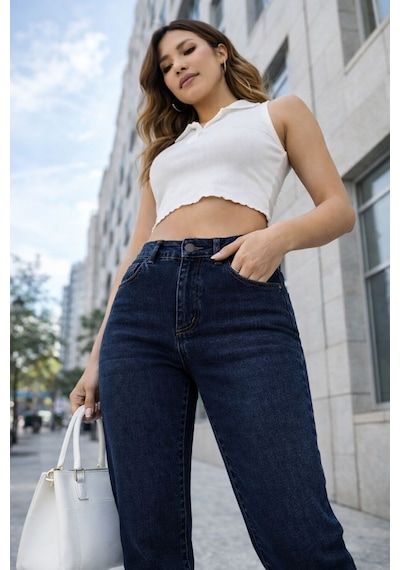 Cedy Denim Kadın Yüksek Bel Soho Boyfriend Jean C599 Lacivert