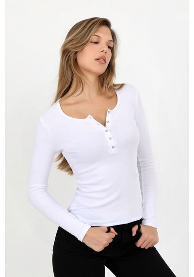 Hdm Kadın Beyaz Uzun Kollu Fitilli Patlı Düğmeli Basic Örme Bluz - H6162