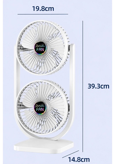 Exenar - Siyah - Çift Başlıklı Masaüstü Fan Brushless Motor 10w Güçlü Vantilatör Ayarlanabilir Başlık 2400 Mah Şarjlı
