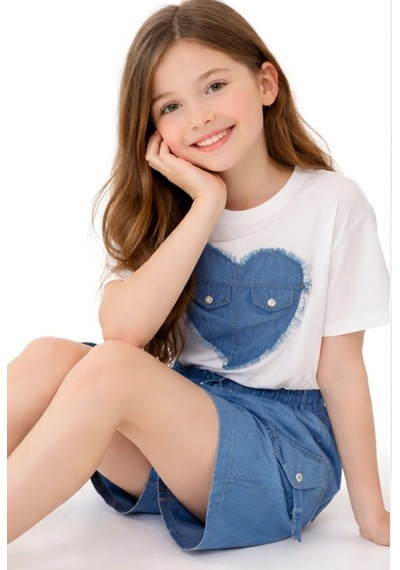 İrem Kız Çocuk Önü Kalp Desenli Kapak Cep Model Tişört Kot Şortlu İkili Takım Mavi İrem Kız Çocuk Önü Kalp Desenli Kapak Cep Model Tişört Kot Şortlu İkili Takım Mavi