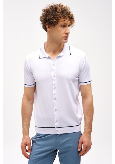 İgs Beyaz Slim Fit Dar Kalıp Düğmeli Polo Yaka Desenli Kısa Kollu Triko Tişört-16312