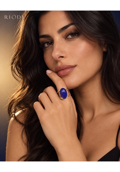 Riody Regard Bleu Gold Kaplama Mavi Kedi Gözü Doğal Taşlı Ayarlanabilir Kadın Yüzük Altın - Mavi