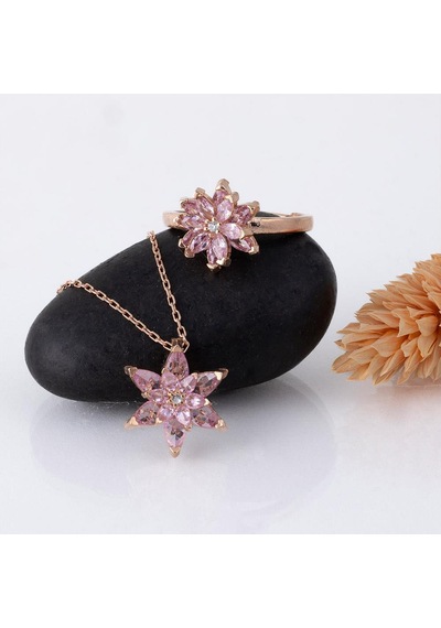 Gümüş Pazarım Pembe Renkli Lotus Çiçeği Gümüş Kolye Ve Yüzük Set Gümüş
