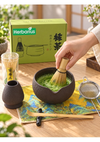 Herbarius 8 Parça Dokulu Mat Siyah Renk Matcha Çayı Hazırlama Seti - Geleneksel Japon Matcha Seti