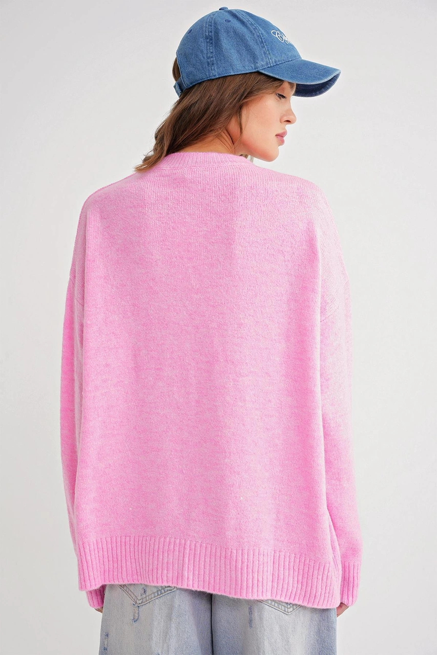 Mixray 6913 Kadın Salaş Yumuşak Dokulu Oversize Triko Kazak Pembe