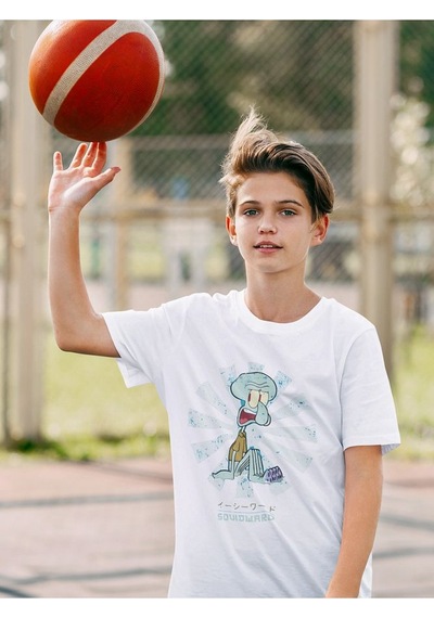 Sevbano Süngerbob Squidward Baskılı Unisex Çizgi Film Çocuk Tişört 1-12 Beyaz