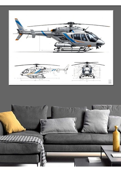 Mühendislik Çizimli Helikopter Dekoratif Kanvas - Mdf Ahşap Tablo