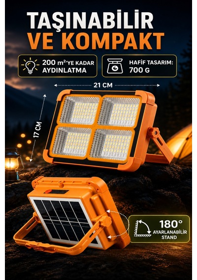 Astec Solar Şarjlı Led Projektör Powerbank Özellikli Ip66 Kamp Acil Durum Çakarlı Premium
