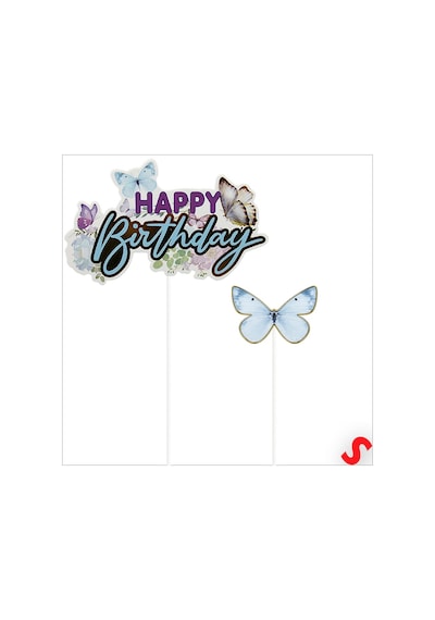 Kelebekli Happy Birthday Pasta Süsü 4 Lü Set - Mavi