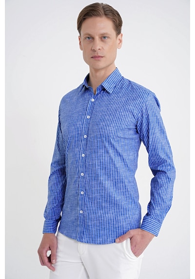 Slim Fit Klapa Yaka Esnek Pamuklu Koyu Mavi Çizgili Gömlek G 1599