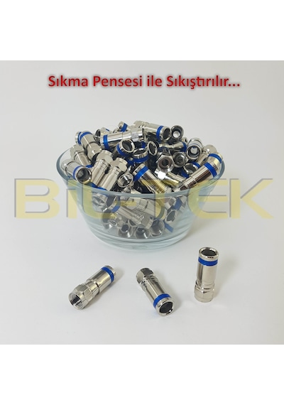 Rg6 Sıkmalı F Konnektör Mavi Şeritli - 100 Adet