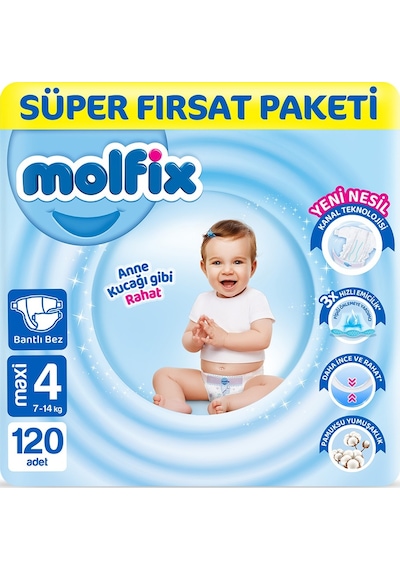 Molfix Bebek Bezi 4 Beden Maxi Süper Fırsat Paketi 120 Adet 3'lü