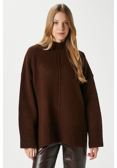 Ritnice Kadın Wonder Yumuşacık Dik Yaka Kahverengi Yırtmaçlı Oversize Triko Kazak Kahverengi
