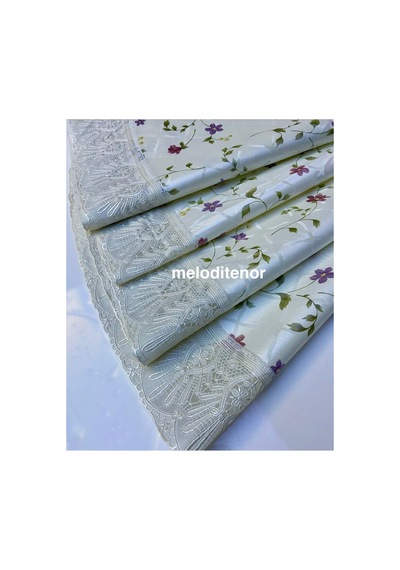 Meiwa Güpürlü Kenarlı Parlak Sedefli Küçük Mor Çiçekli Lüks Yuvarlak Pvc Muşamba Masa Örtüsü Beyaz