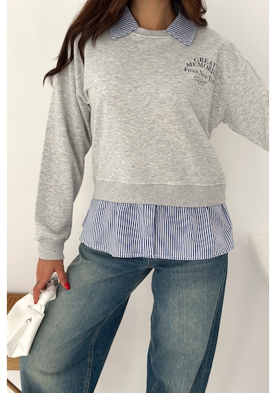 Noa & Noa Kadın Gömlek Detaylı Baskılı Sweatshirt Serene Layer Gri