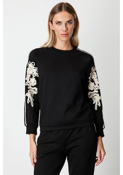 On Fashion Kadın Kolları Desenli Sıfır Yaka Siyah Sweatshirt 66323 Siyah
