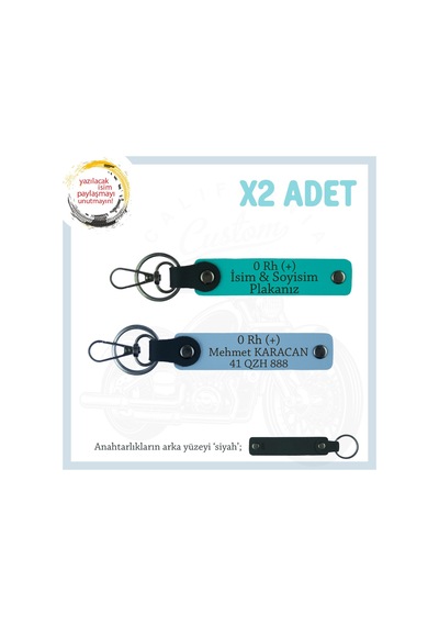 İsmime Özel Plaka Ve 0 Rh + Kan Grubu Yazılı Kişiselleşmiş X2 Anahtarlık Set, K Turkuaz-mavi-syh Çok Renkli