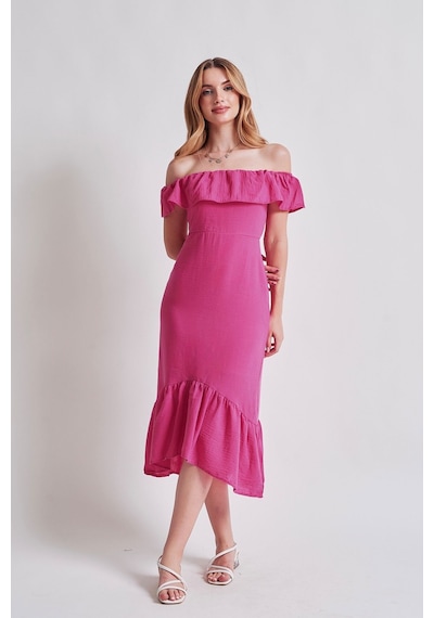 Rabia Çelik Düşük Omuz Eteği Volanlı Midi Pembe Elbise Pembe Pembe
