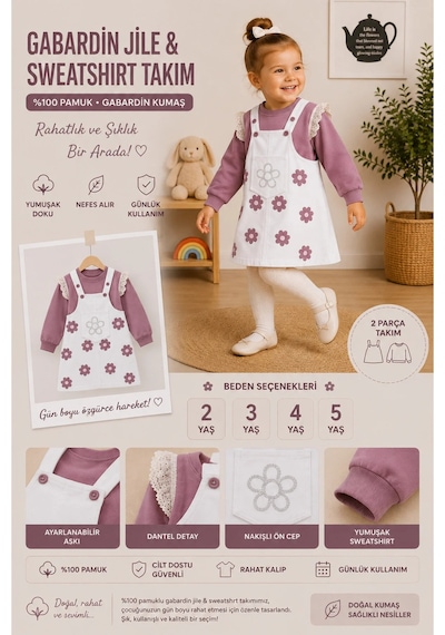 Nota Kids Kız Çocuk Çiçek Desenli Jile Elbise Takım Dantel Kollu Pudra Sweatshirt Ve Askılı Elbise Beyaz