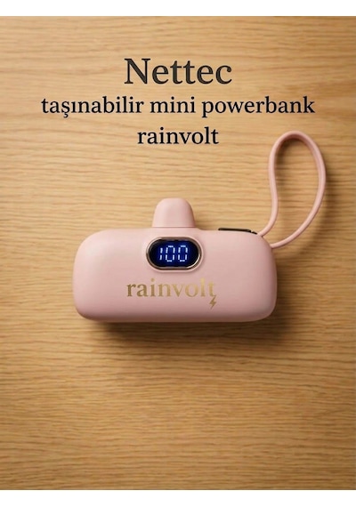 Rainvolt Mini Kapsül Powerbank Led Dijital Göstergeli & Dahili Kablolu Taşınabilir Şarj Cihazı Pembe